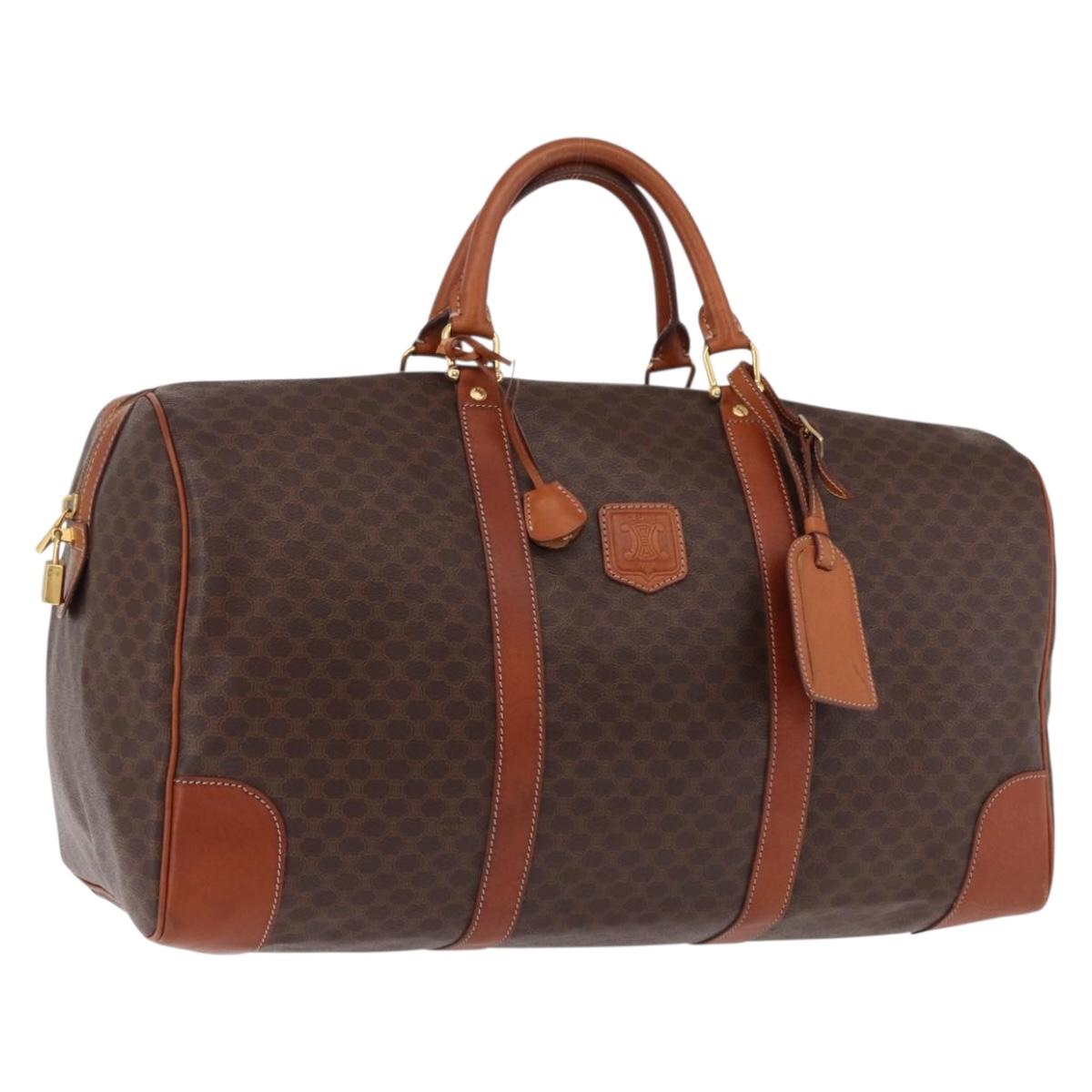 CELINE Macadam Canvas Boston Bag PVC Leather Brown Gold Auth fm5391