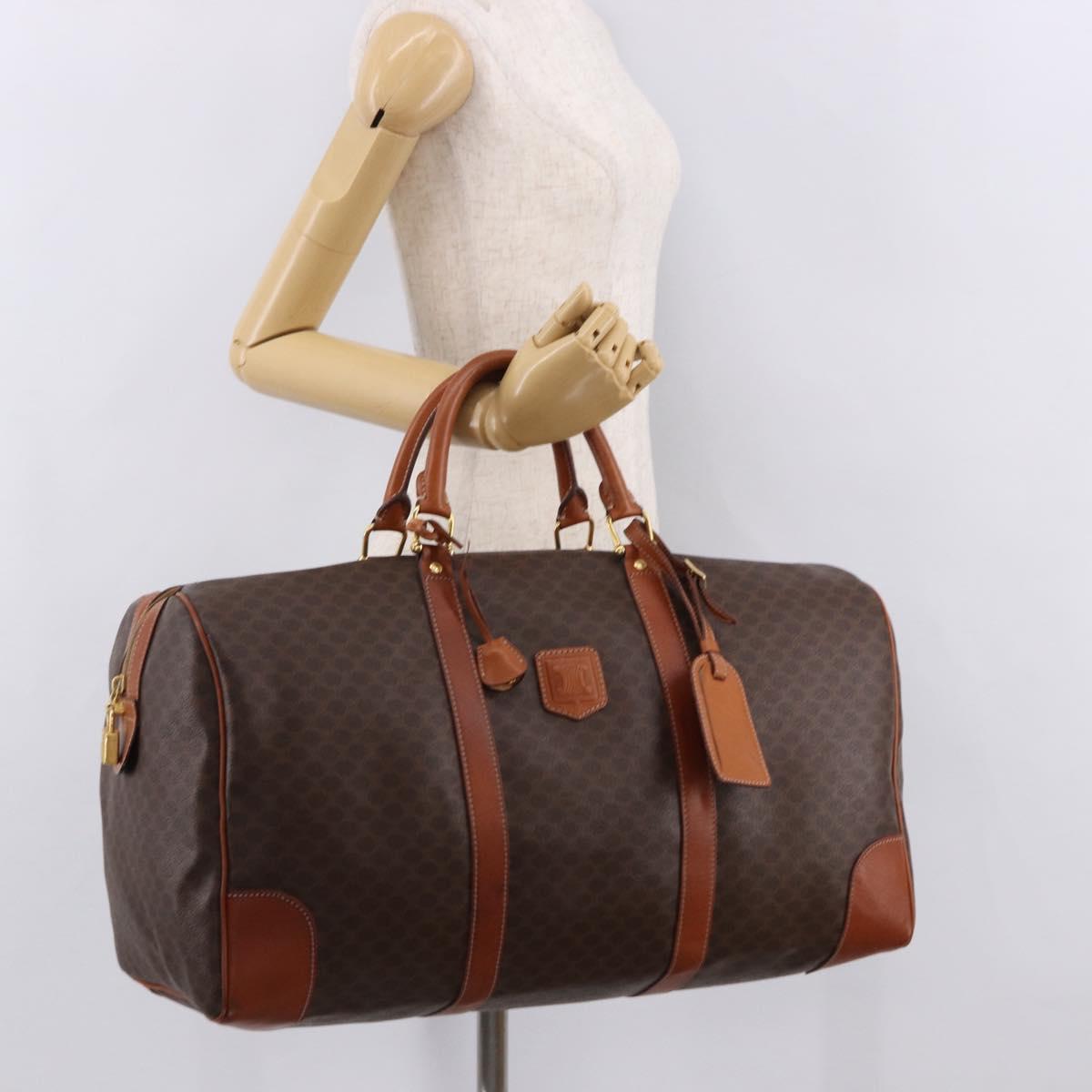 CELINE Macadam Canvas Boston Bag PVC Leather Brown Gold Auth fm5391