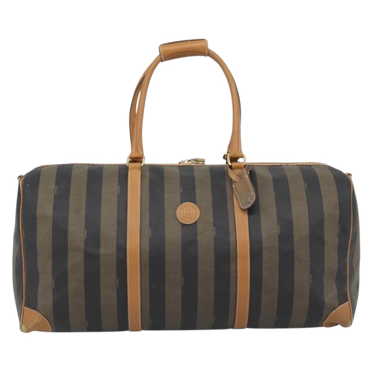 FENDI Pecan Canvas Boston Bag PVC 2way Black Brown Auth fm5392