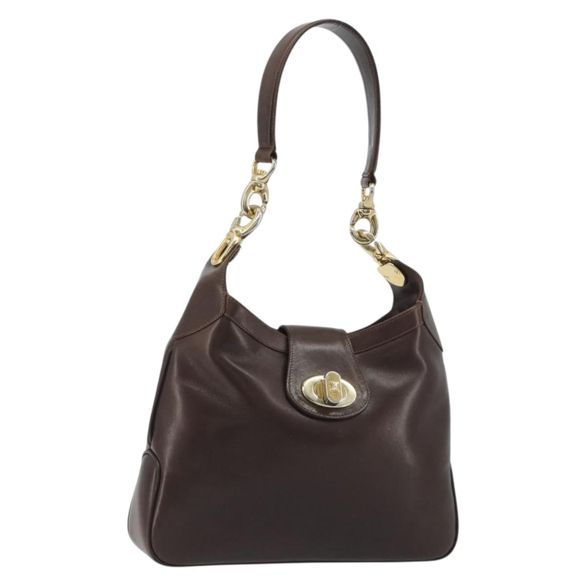 CELINE Shoulder Bag Leather Brown Gold Auth fm5394A
