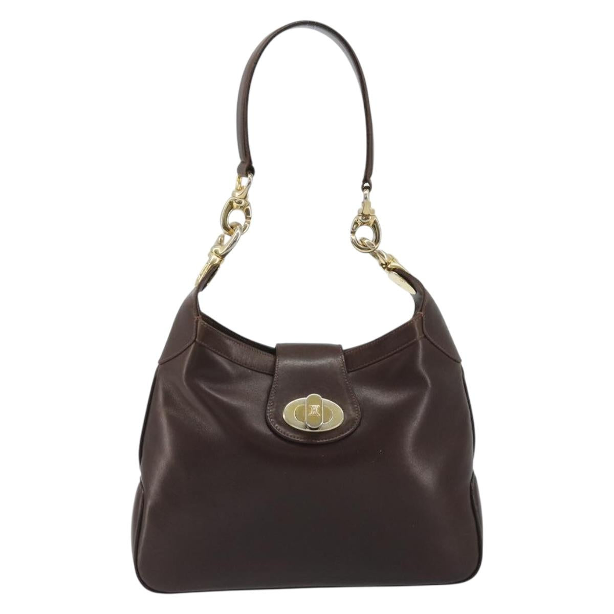 CELINE Shoulder Bag Leather Brown Gold Auth fm5394A