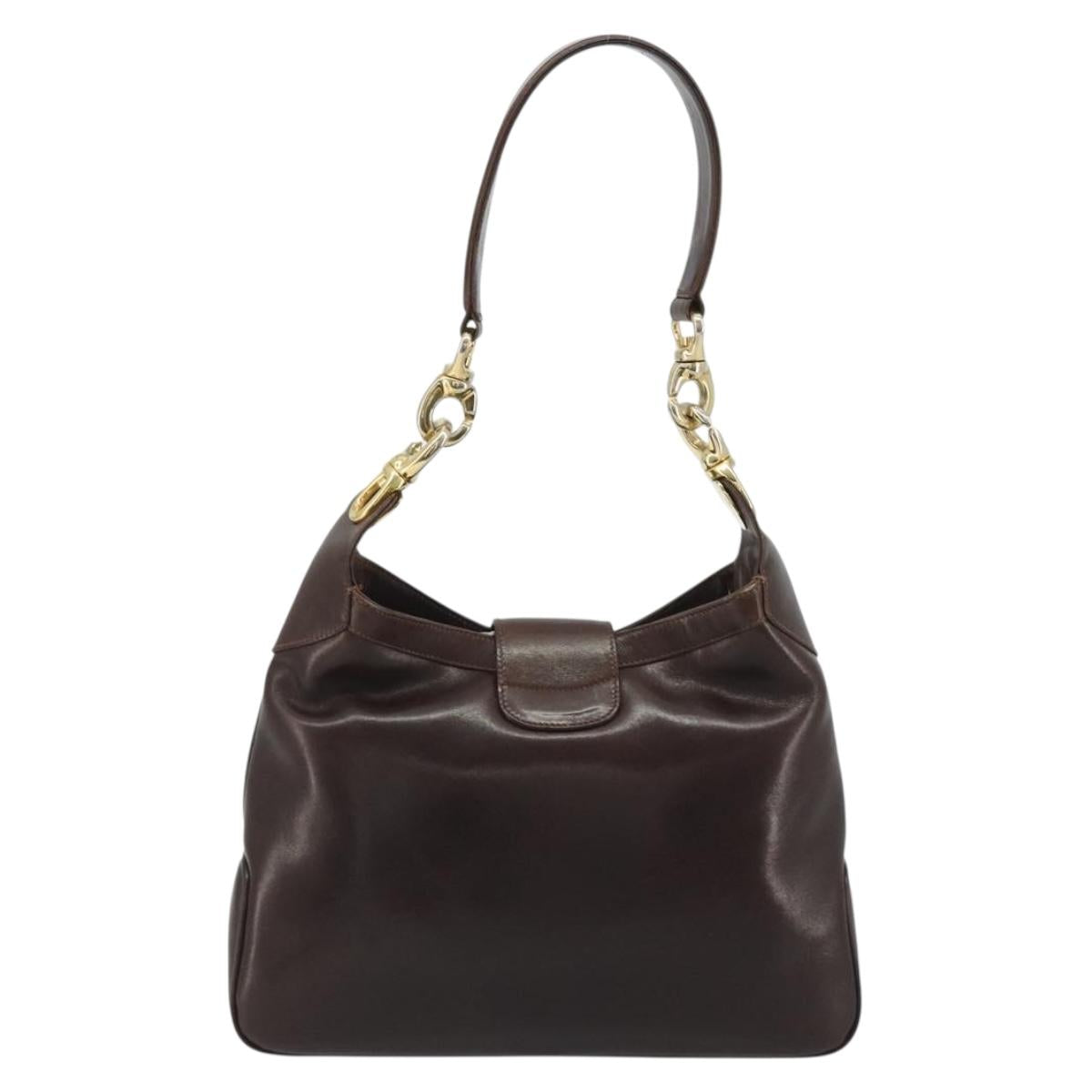 CELINE Shoulder Bag Leather Brown Gold Auth fm5394A