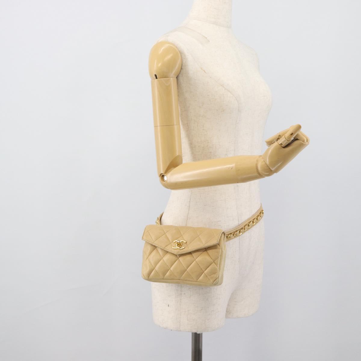 CHANEL Matelasse Waist bag Lamb Skin Beige Gold CC Auth fm5396