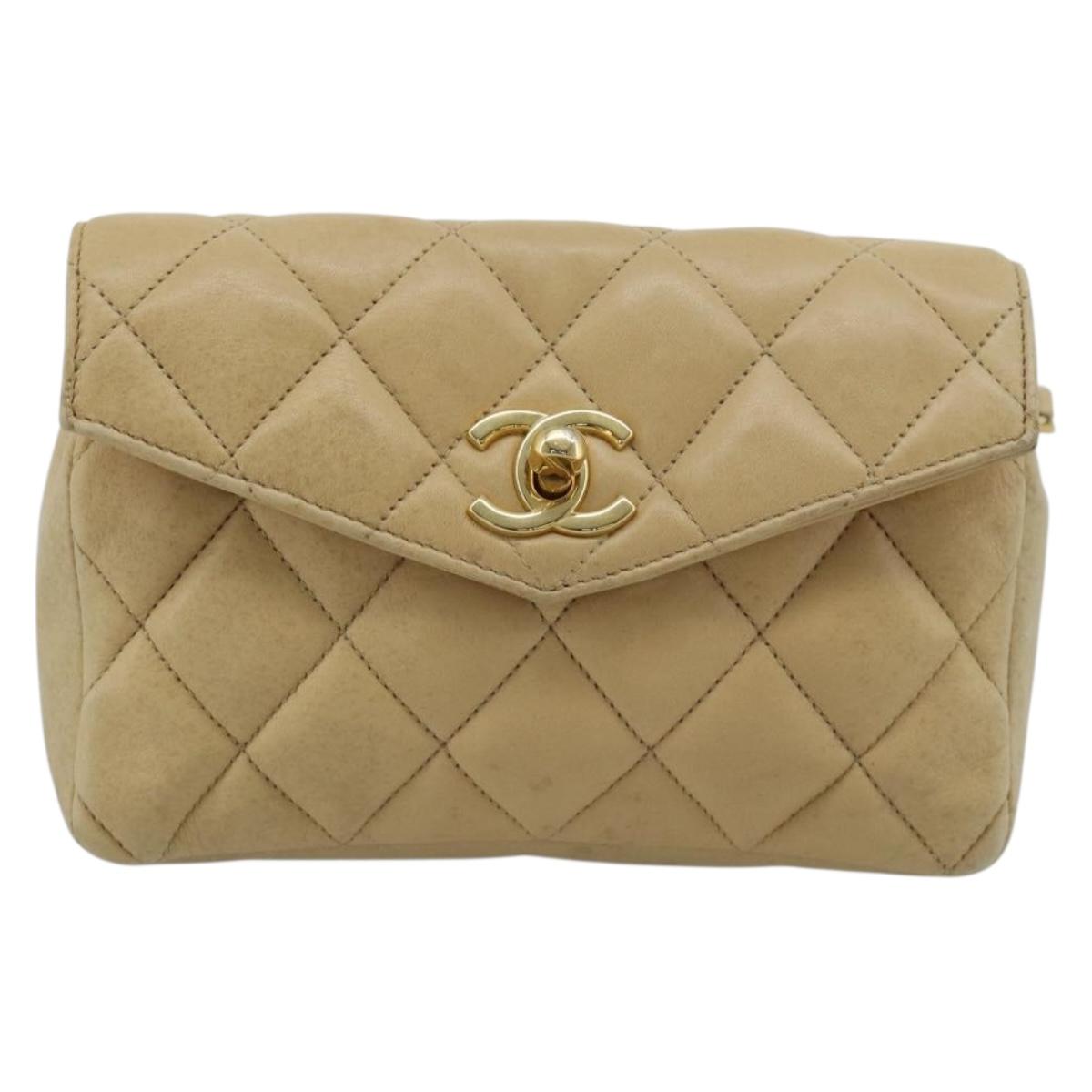 CHANEL Matelasse Waist bag Lamb Skin Beige Gold CC Auth fm5396