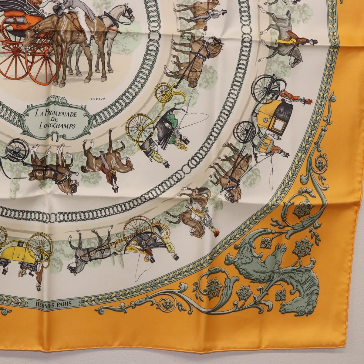 HERMES Carre 90 Scarf ""LA PROMENADE DE LONGCHAMPS"" Silk Yellow Auth fm5398M