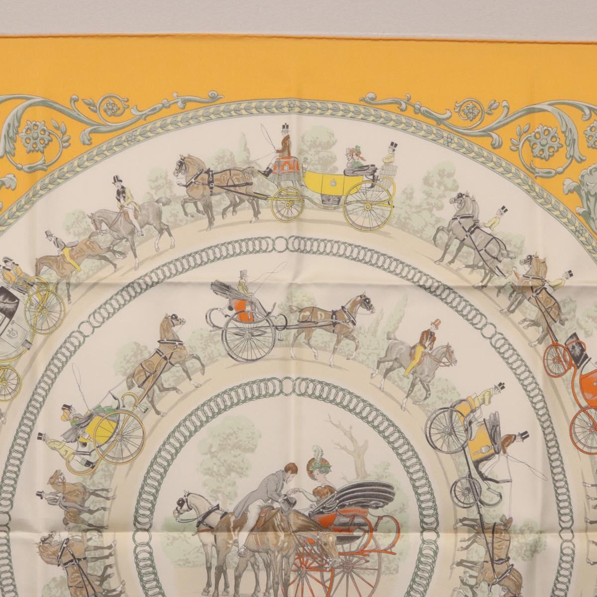 HERMES Carre 90 Scarf ""LA PROMENADE DE LONGCHAMPS"" Silk Yellow Auth fm5398M