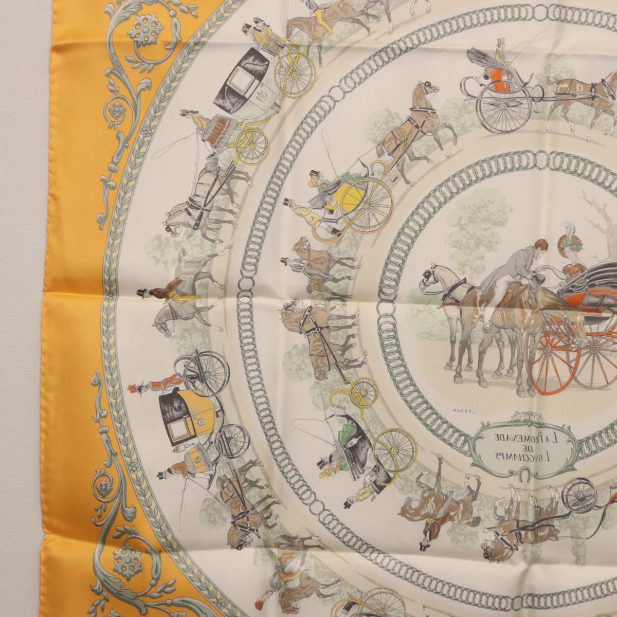 HERMES Carre 90 Scarf ""LA PROMENADE DE LONGCHAMPS"" Silk Yellow Auth fm5398M