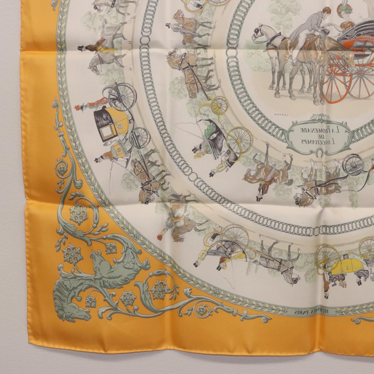 HERMES Carre 90 Scarf ""LA PROMENADE DE LONGCHAMPS"" Silk Yellow Auth fm5398M