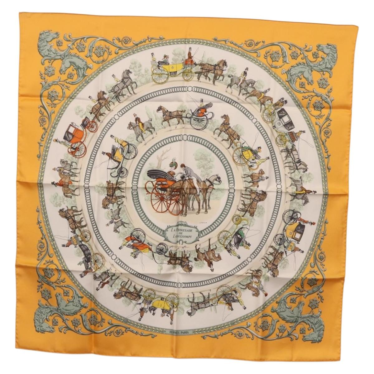 HERMES Carre 90 Scarf ""LA PROMENADE DE LONGCHAMPS"" Silk Yellow Auth fm5398M
