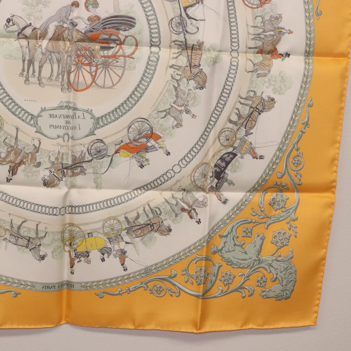 HERMES Carre 90 Scarf ""LA PROMENADE DE LONGCHAMPS"" Silk Yellow Auth fm5398M