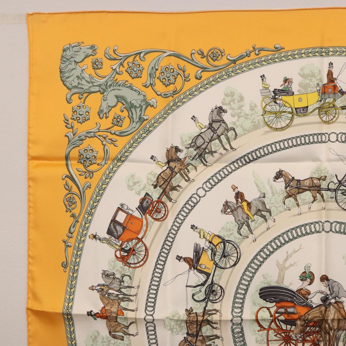 HERMES Carre 90 Scarf ""LA PROMENADE DE LONGCHAMPS"" Silk Yellow Auth fm5398M