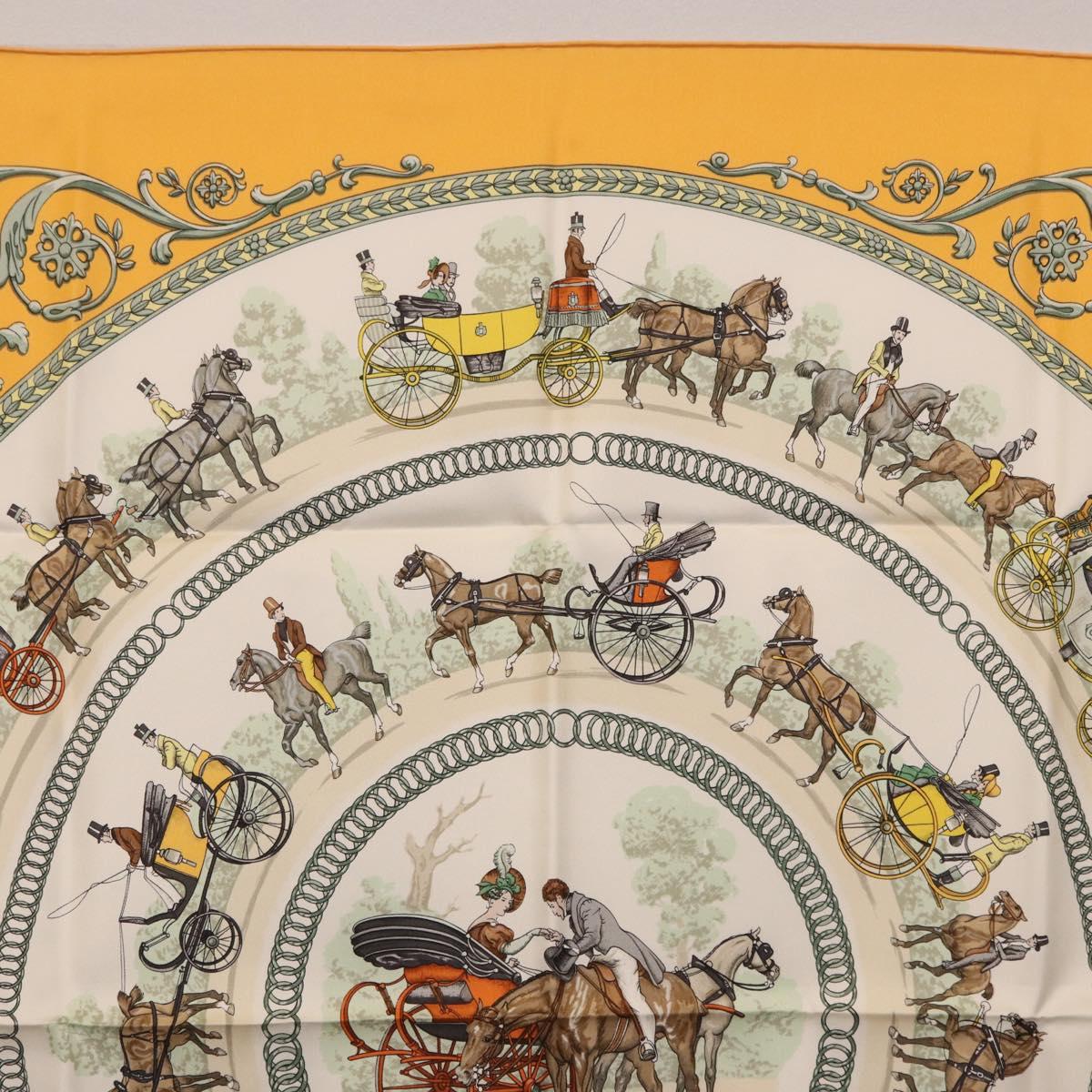 HERMES Carre 90 Scarf ""LA PROMENADE DE LONGCHAMPS"" Silk Yellow Auth fm5398M