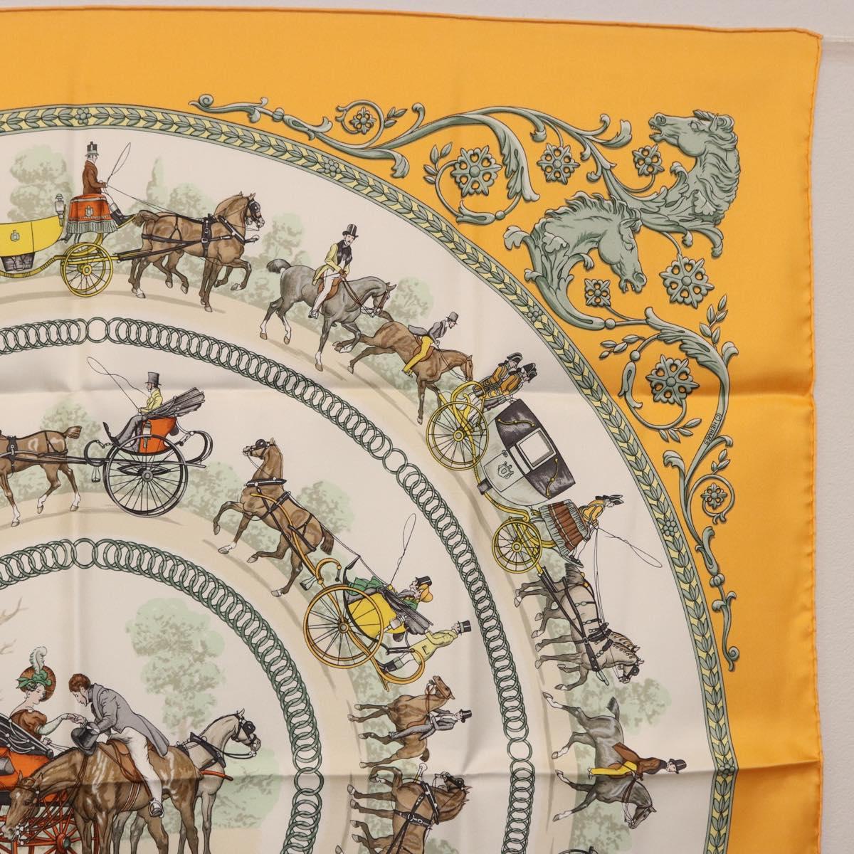 HERMES Carre 90 Scarf ""LA PROMENADE DE LONGCHAMPS"" Silk Yellow Auth fm5398M