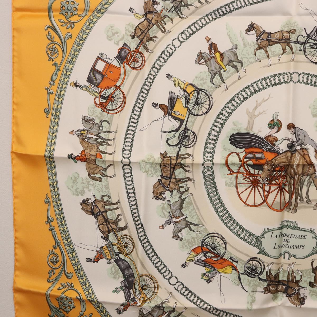 HERMES Carre 90 Scarf ""LA PROMENADE DE LONGCHAMPS"" Silk Yellow Auth fm5398M