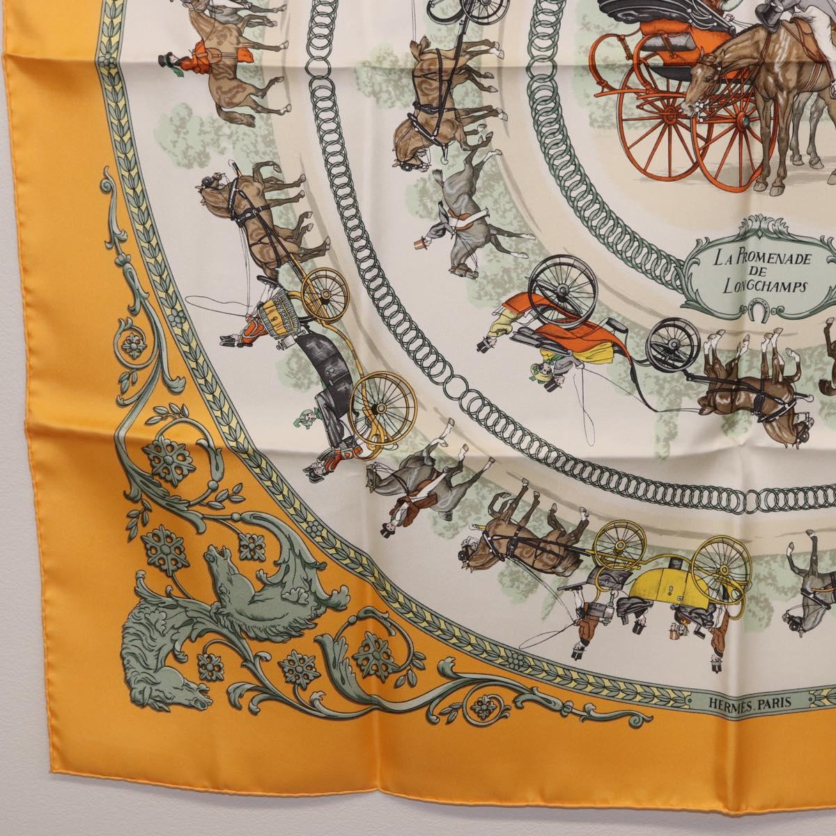 HERMES Carre 90 Scarf ""LA PROMENADE DE LONGCHAMPS"" Silk Yellow Auth fm5398M