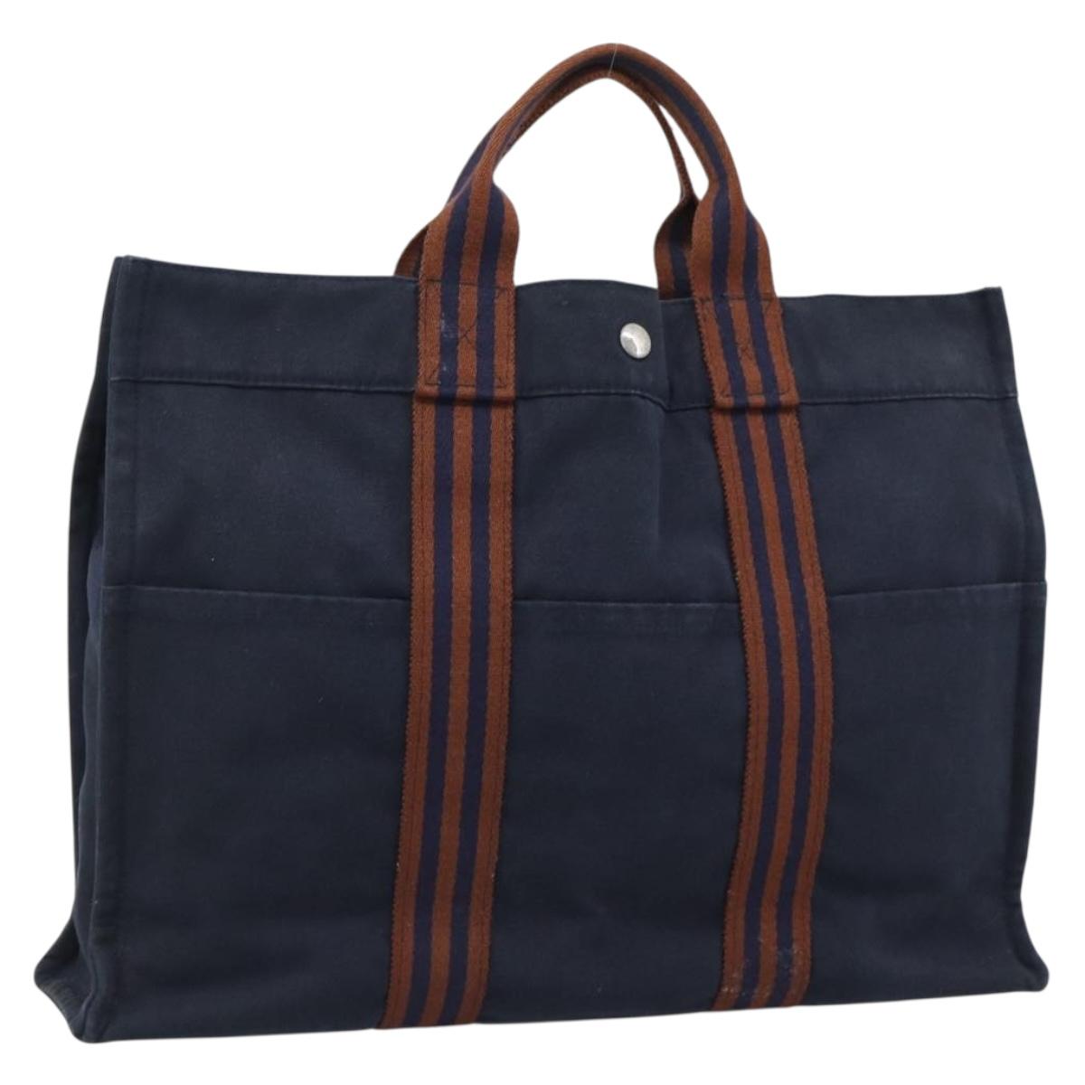HERMES Fourre Tout MM Hand Bag Canvas Navy Silver Auth fm5406