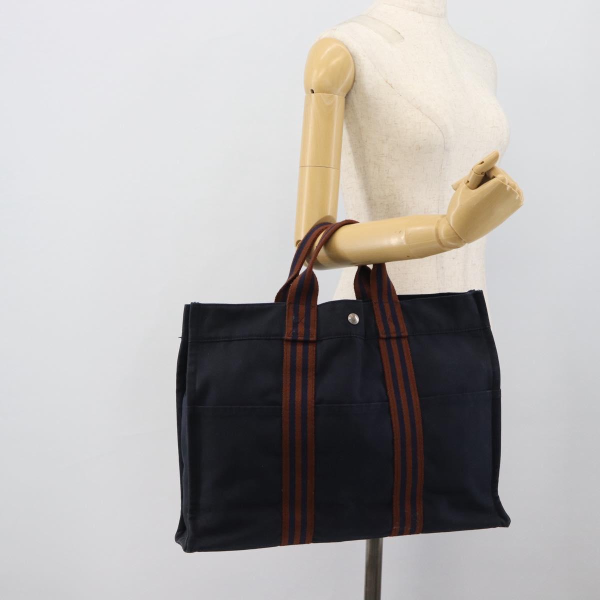 HERMES Fourre Tout MM Hand Bag Canvas Navy Silver Auth fm5406