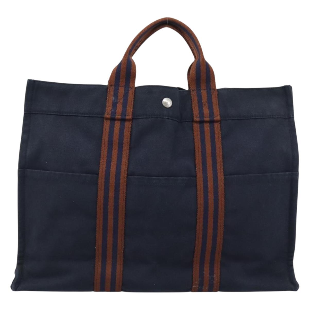 HERMES Fourre Tout MM Hand Bag Canvas Navy Silver Auth fm5406