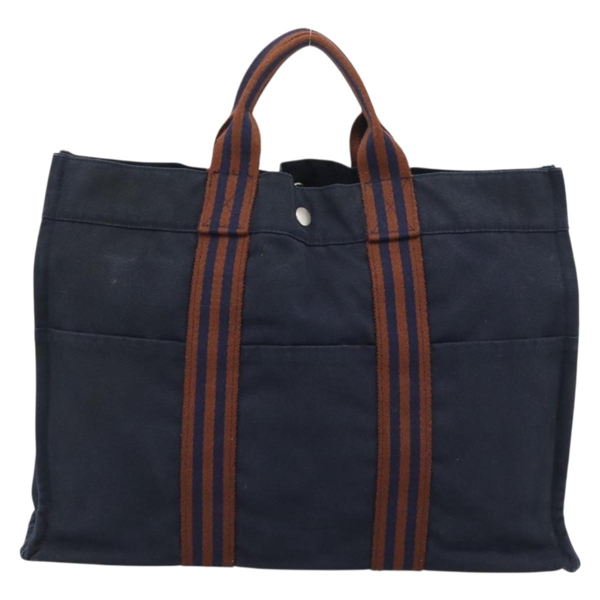 HERMES Fourre Tout MM Hand Bag Canvas Navy Silver Auth fm5406