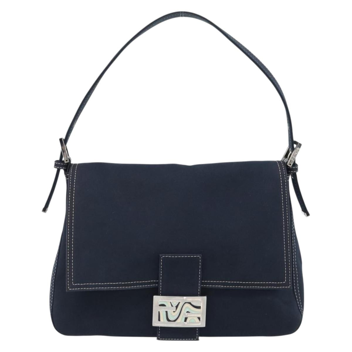 FENDI Canvas Mamma Baguette Shoulder Bag Navy Silver Auth fm5409V