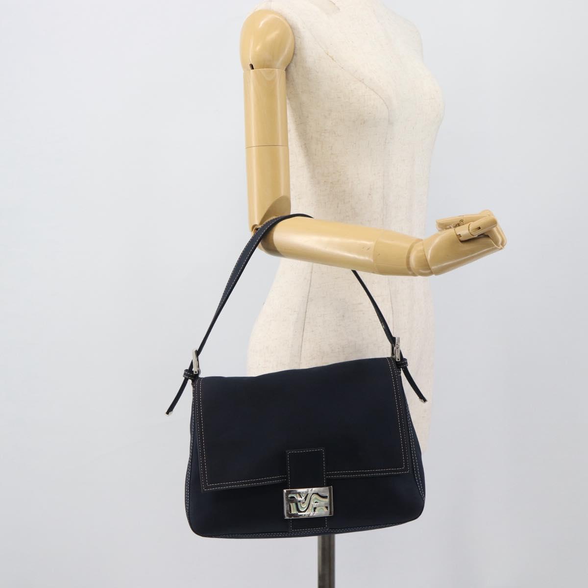 FENDI Canvas Mamma Baguette Shoulder Bag Navy Silver Auth fm5409V