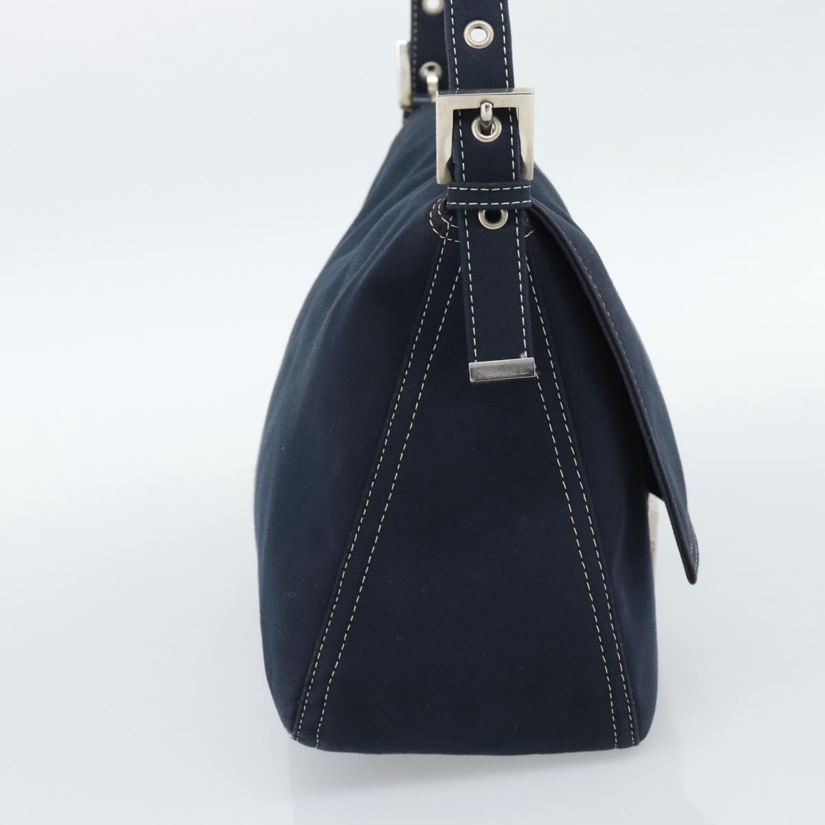 FENDI Canvas Mamma Baguette Shoulder Bag Navy Silver Auth fm5409V