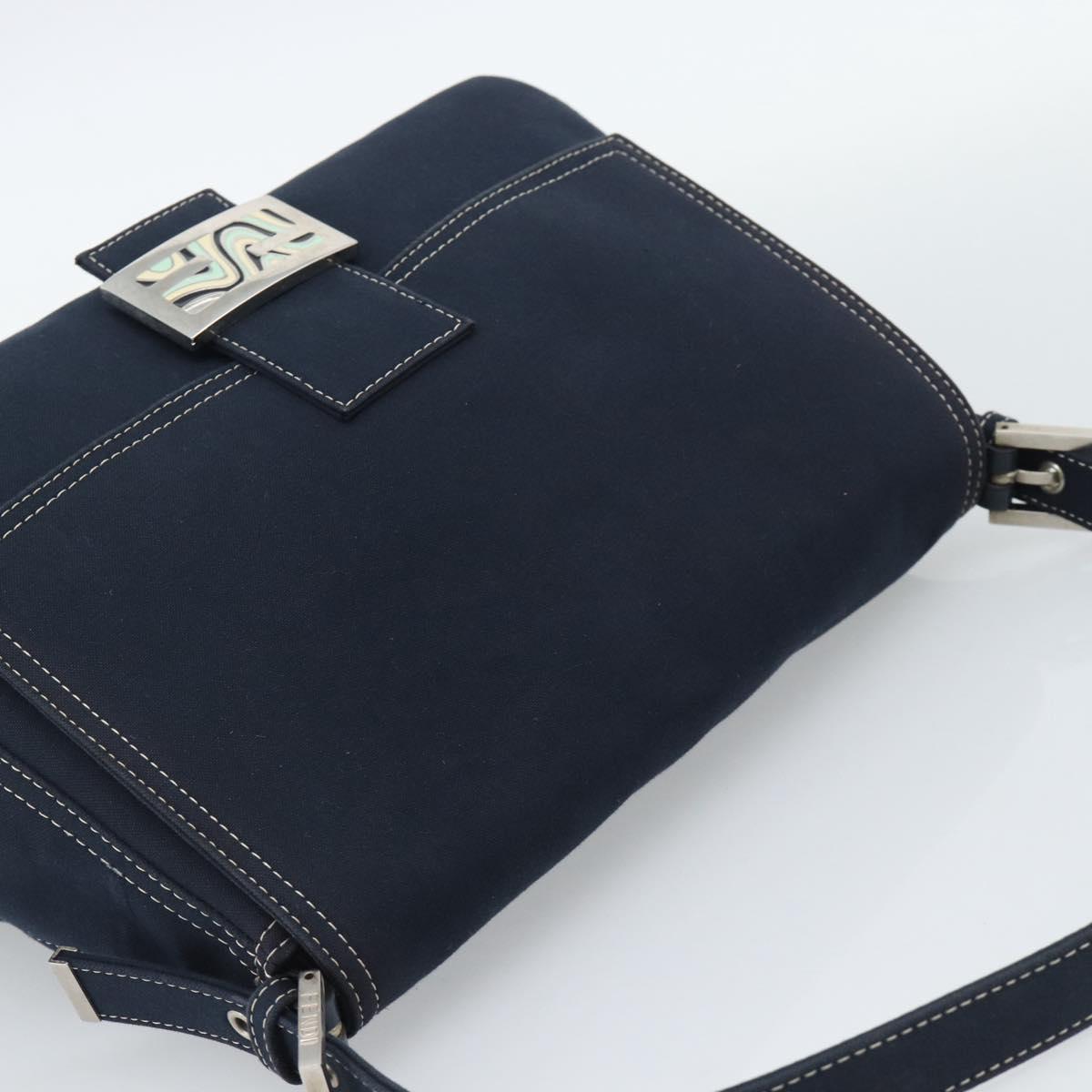 FENDI Canvas Mamma Baguette Shoulder Bag Navy Silver Auth fm5409V