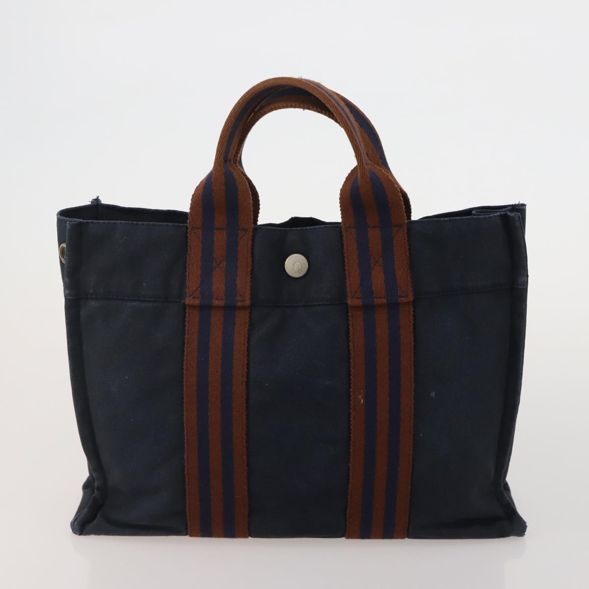 HERMES Hand Bag Canvas 2 Set Black Navy Auth fm5415