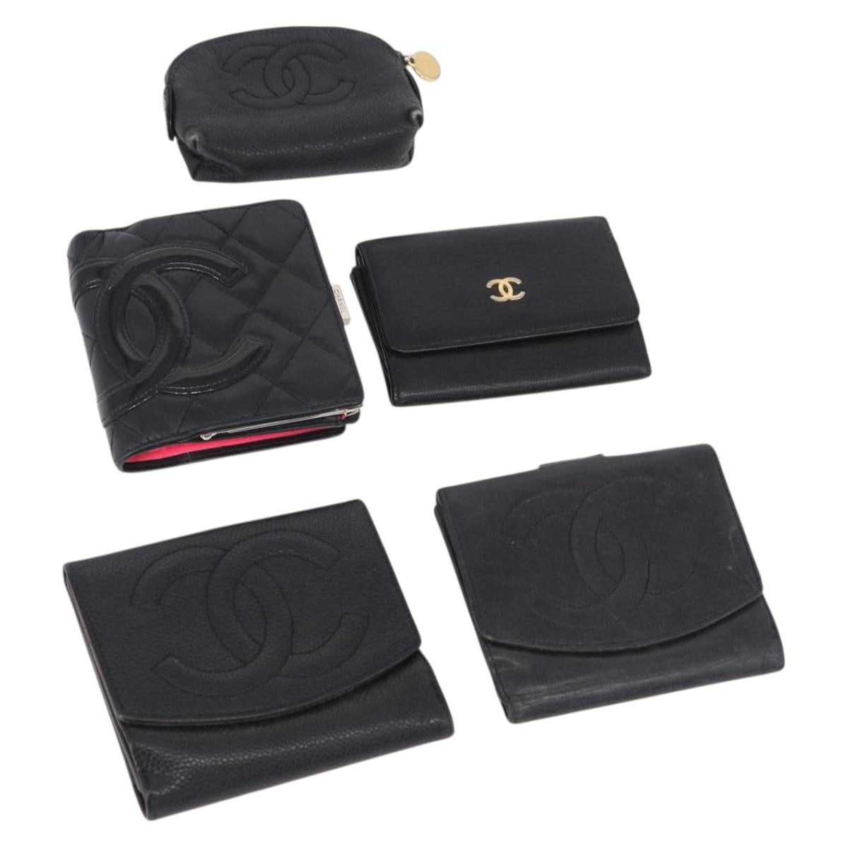 CHANEL Cambon Line Wallet Leather Caviar Skin 5 Set Black CC Auth fm5423