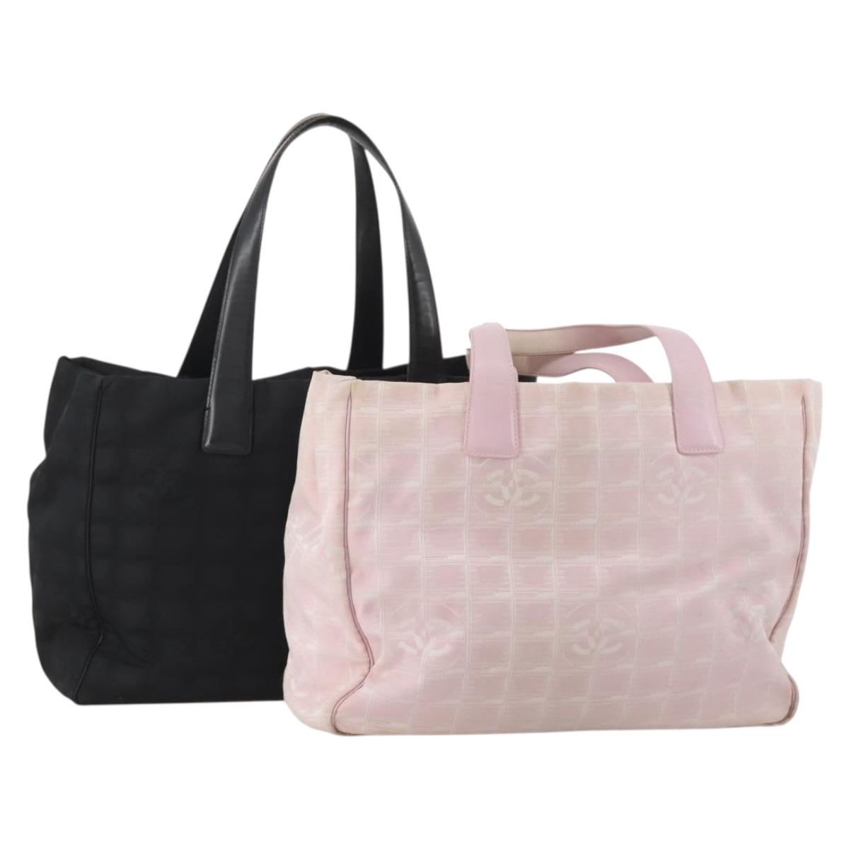 CHANEL New Travel Line Tote Bag Nylon 2 Set Black Pink CC Auth fm5434