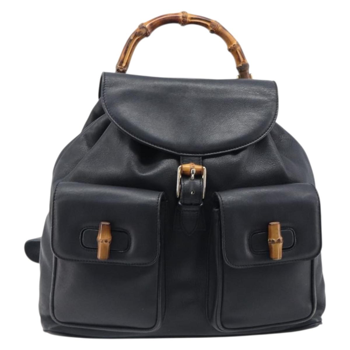 GUCCI Bamboo Backpack Leather Black Gold 003 2058 0016 Auth fm5437