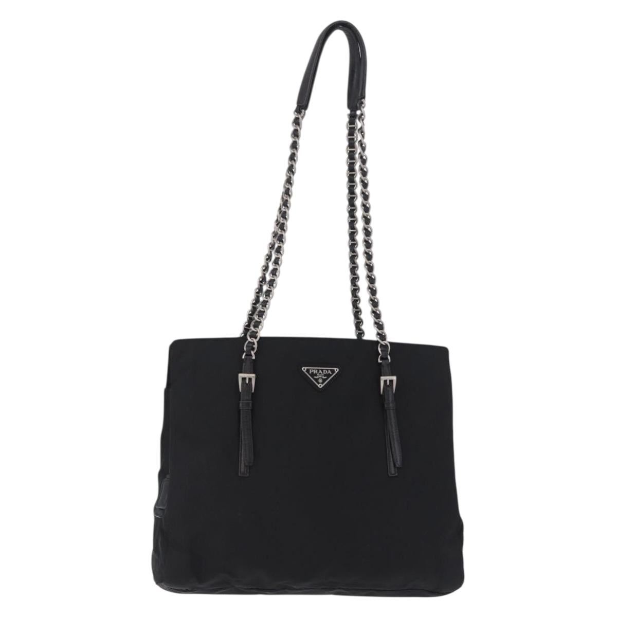 PRADA Chain Shoulder Bag Nylon Black Silver Auth fm5438