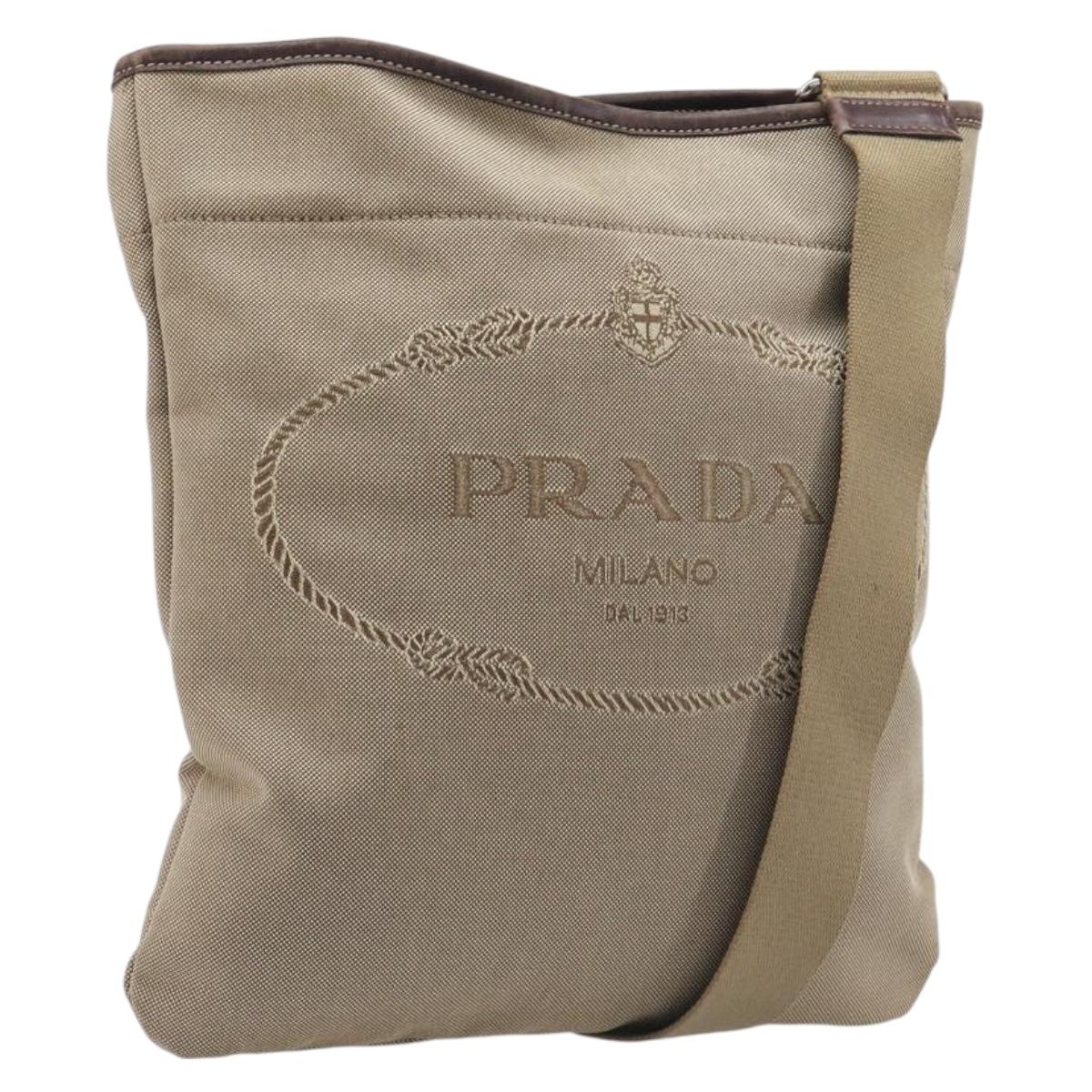 PRADA Jacquard Shoulder Bag Canvas Silver Beige Auth fm5453