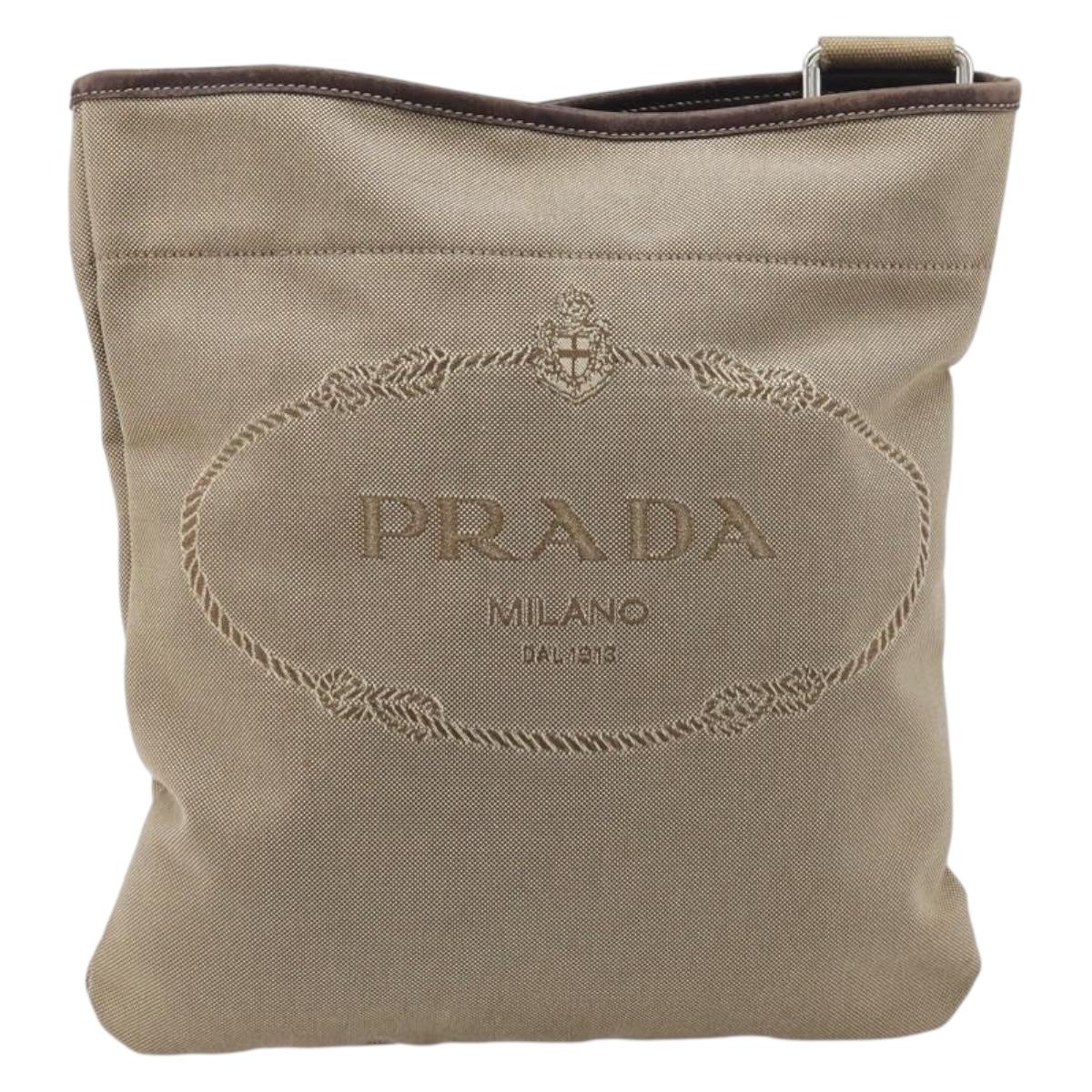 PRADA Jacquard Shoulder Bag Canvas Silver Beige Auth fm5453
