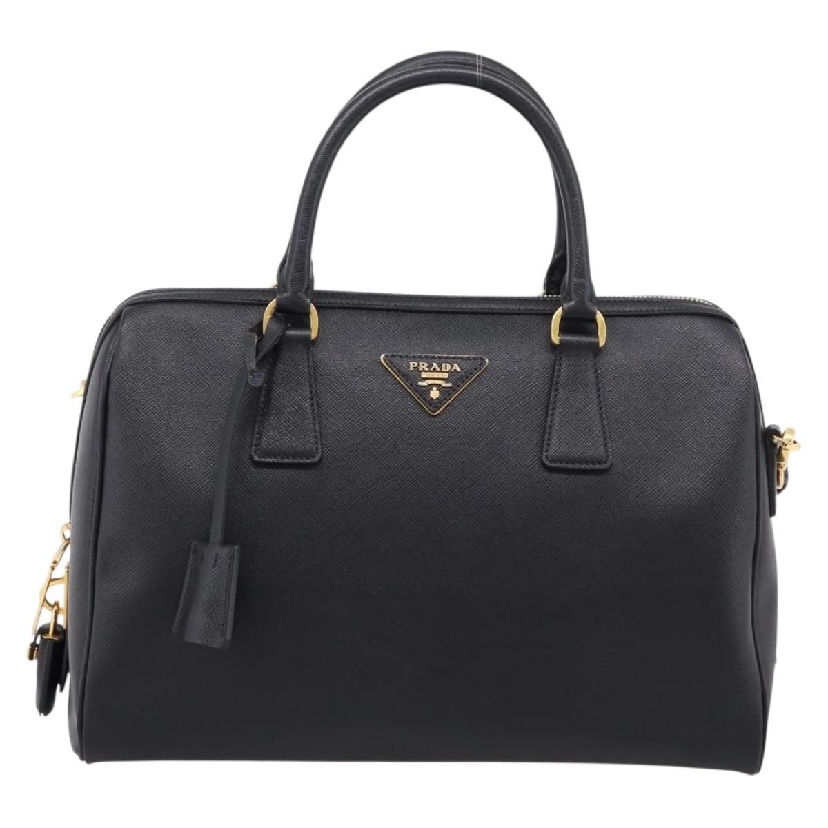 PRADA Mini Boston Bag Saffiano leather 2way Black Gold Auth fm5456V