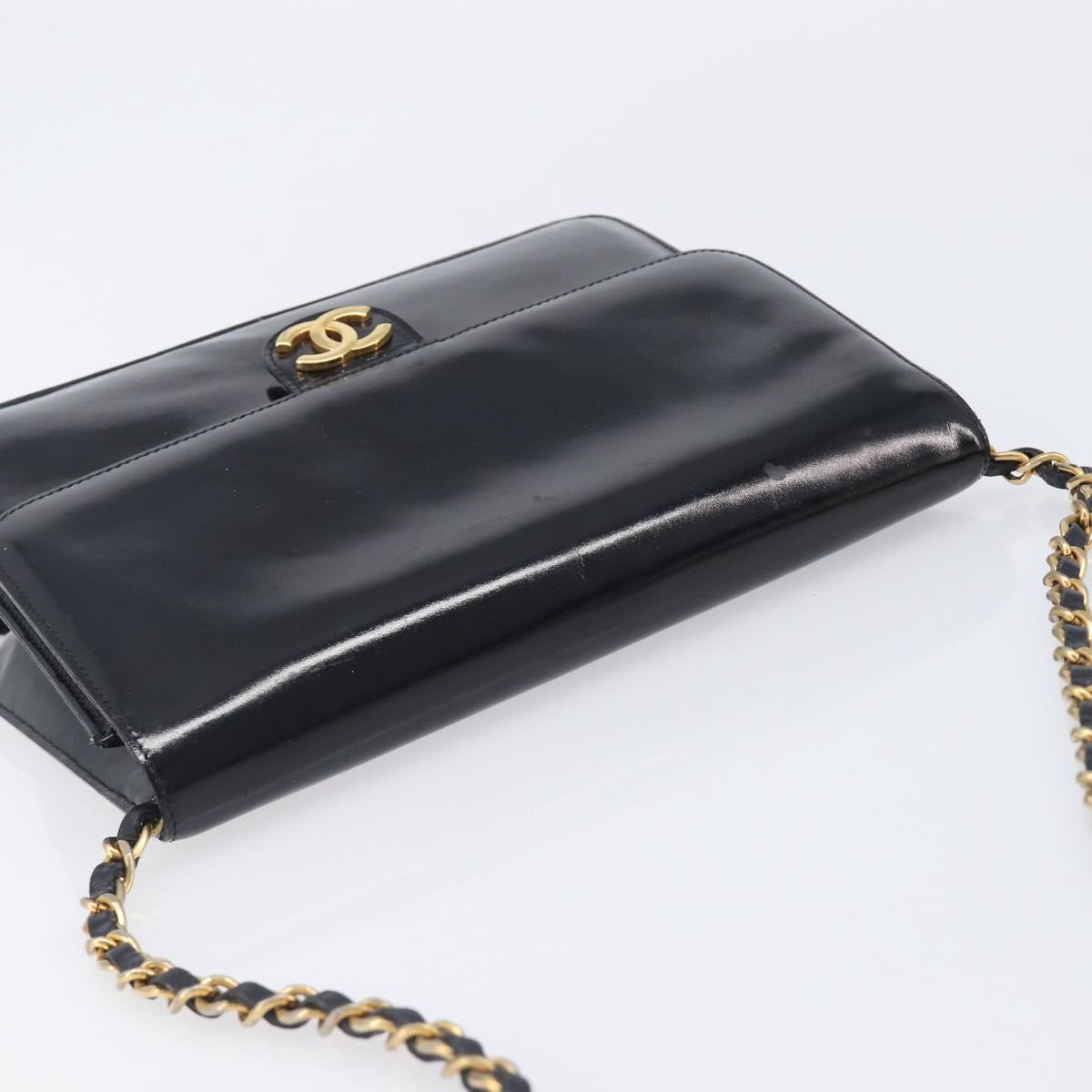 CHANEL Chain Shoulder Bag Patent leather Black Gold CC Auth fm5458