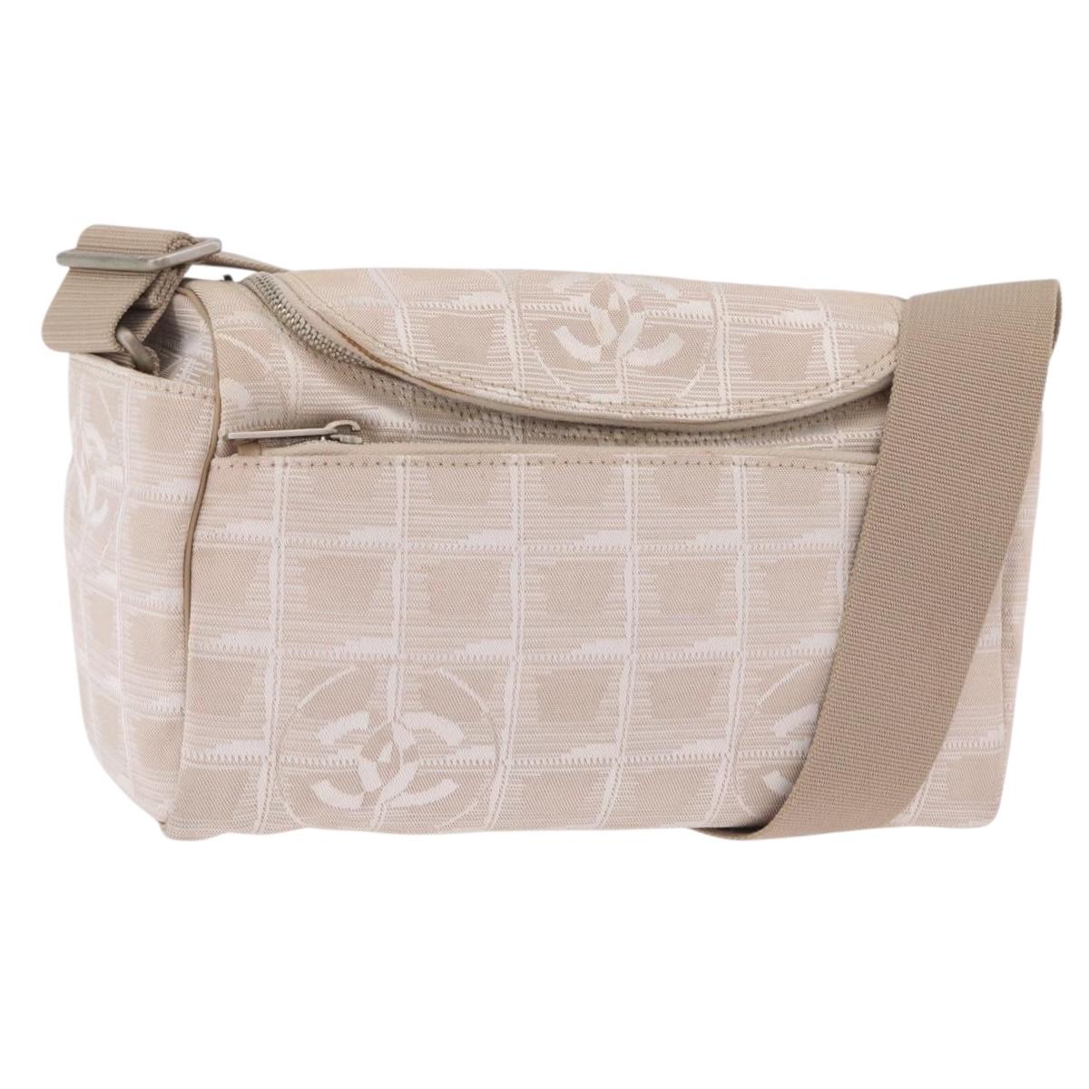CHANEL New Travel Line Shoulder Bag Canvas Beige Silver CC Auth fm5465A