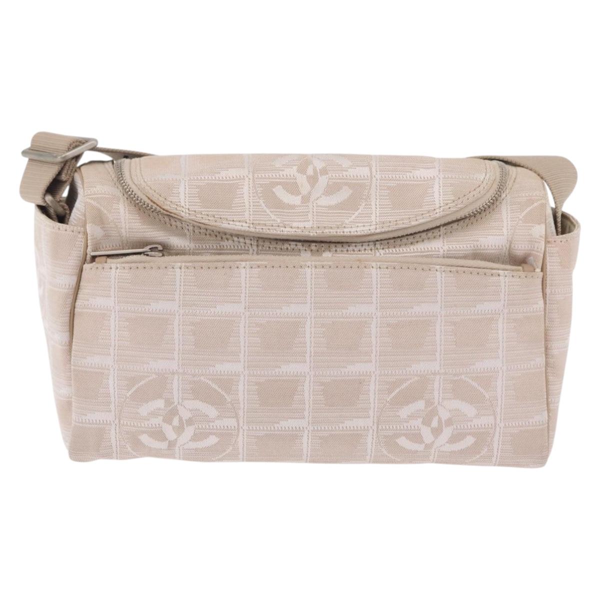 CHANEL New Travel Line Shoulder Bag Canvas Beige Silver CC Auth fm5465A