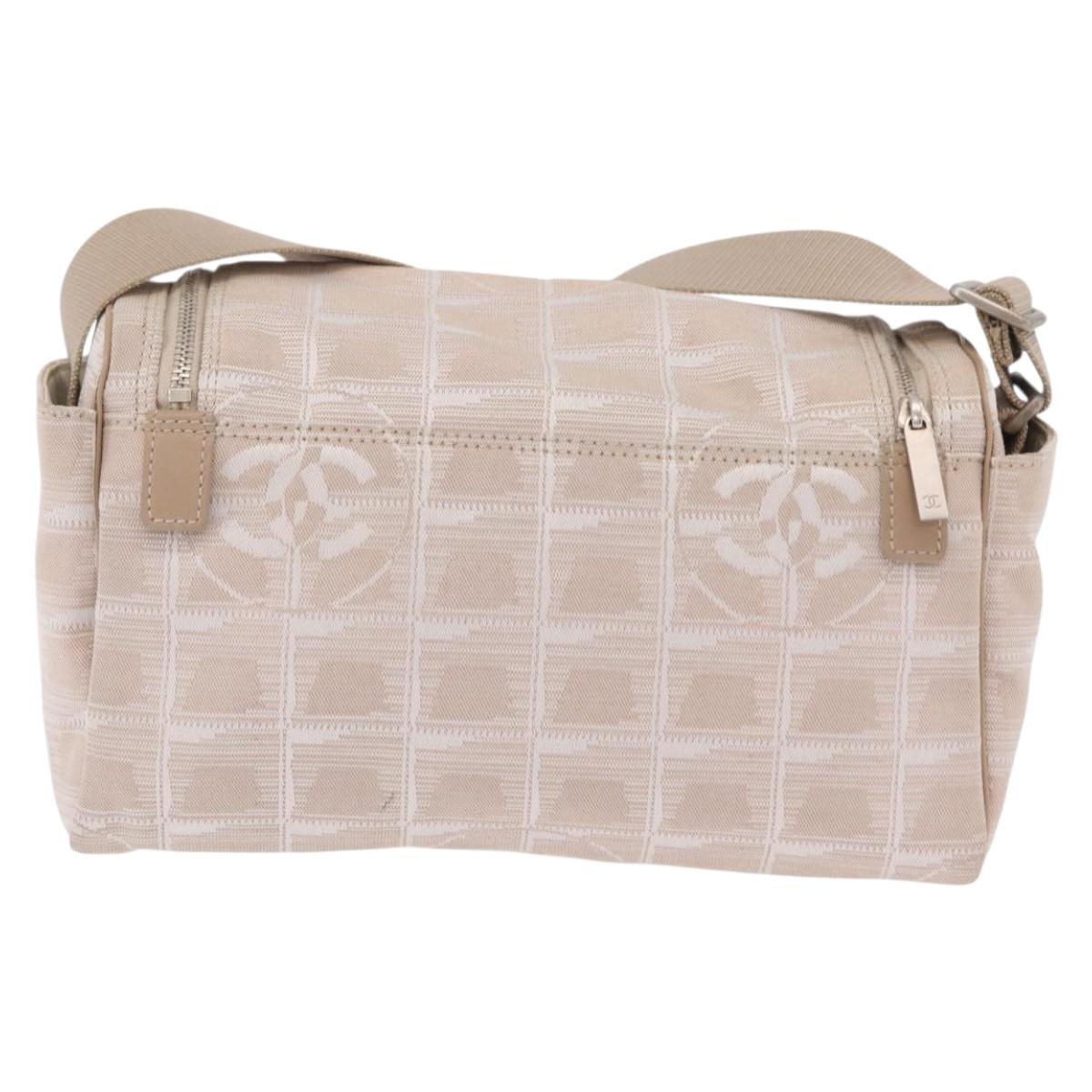 CHANEL New Travel Line Shoulder Bag Canvas Beige Silver CC Auth fm5465A