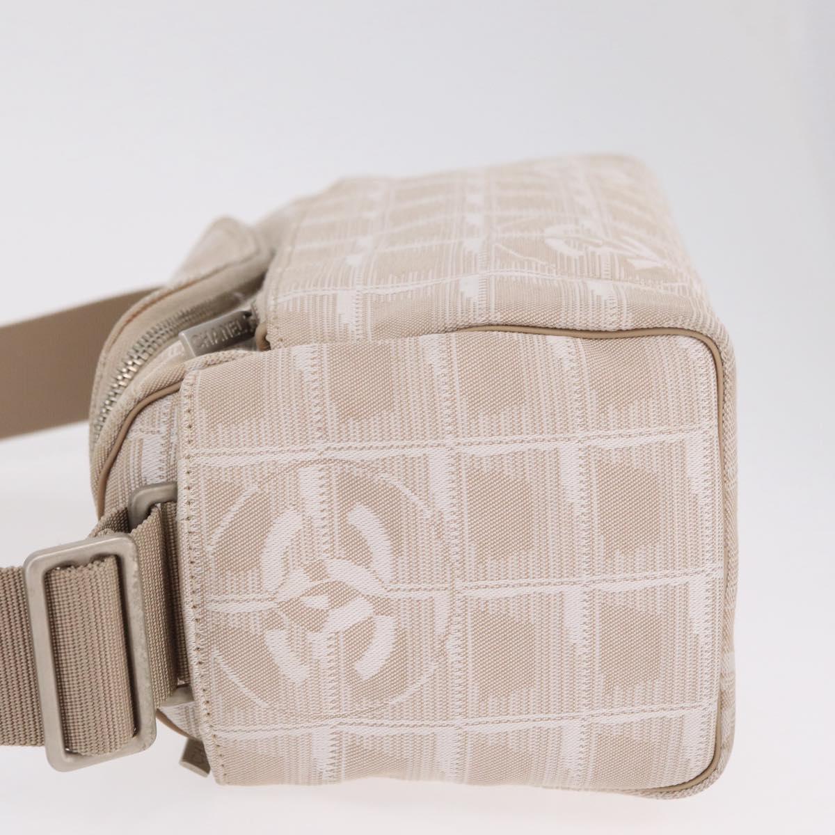 CHANEL New Travel Line Shoulder Bag Canvas Beige Silver CC Auth fm5465A