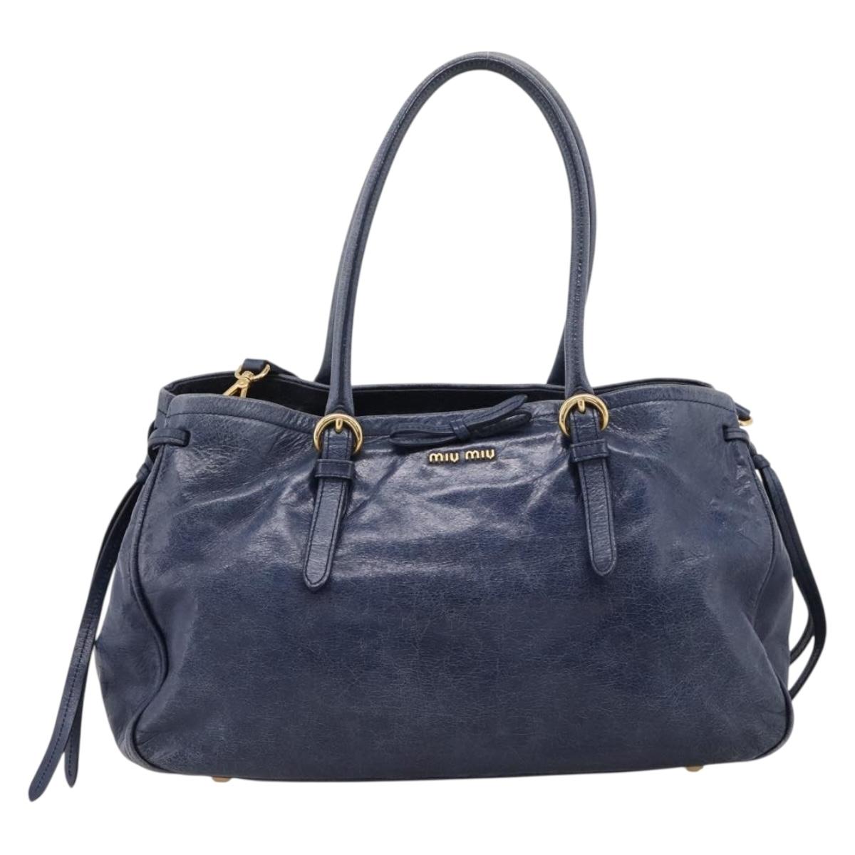 Miu Miu Tote Bag Leather 2way Navy Gold Auth fm5470V