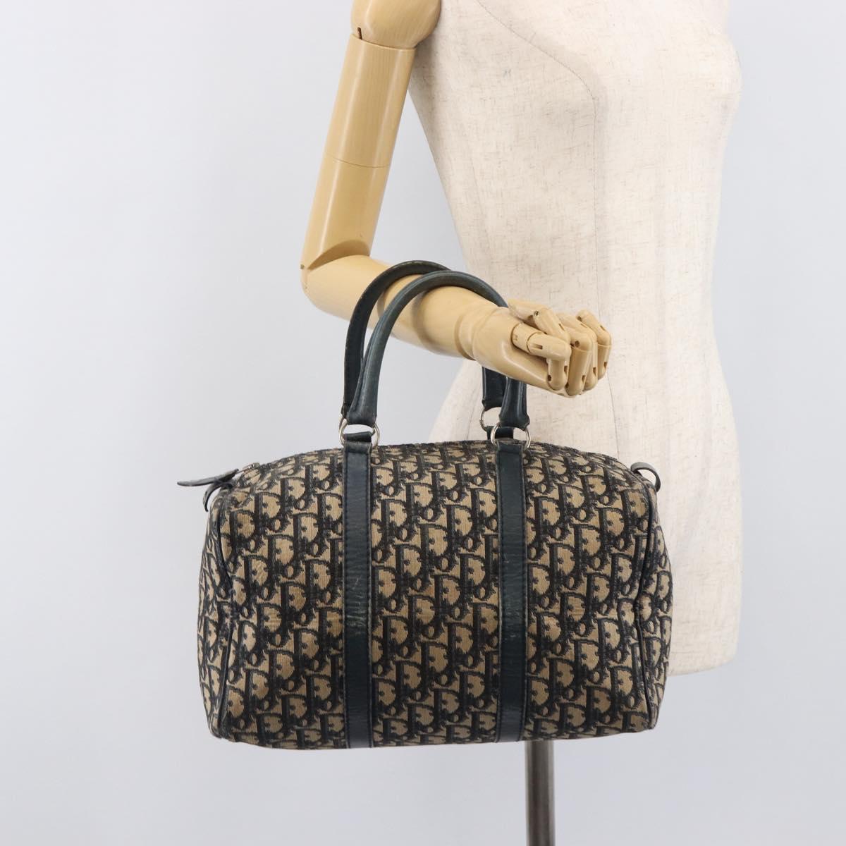Christian Dior Trotter Canvas Hand Bag Navy Gold Auth fm5476