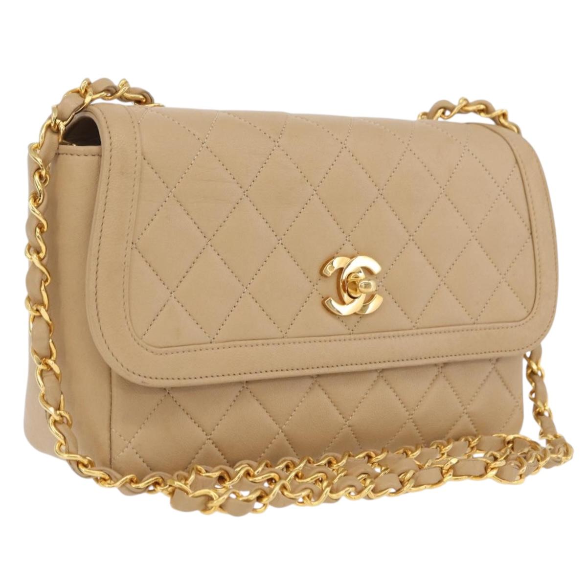 CHANEL Trasse Chain Shoulder Bag Lamb Skin Beige Gold CC Auth fm5479SAV