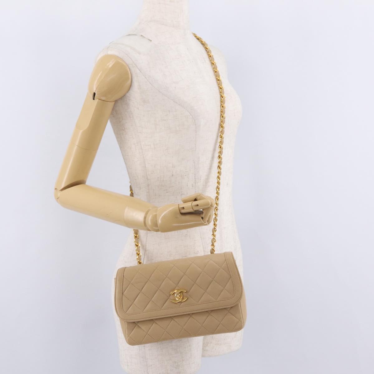 CHANEL Trasse Chain Shoulder Bag Lamb Skin Beige Gold CC Auth fm5479SAV