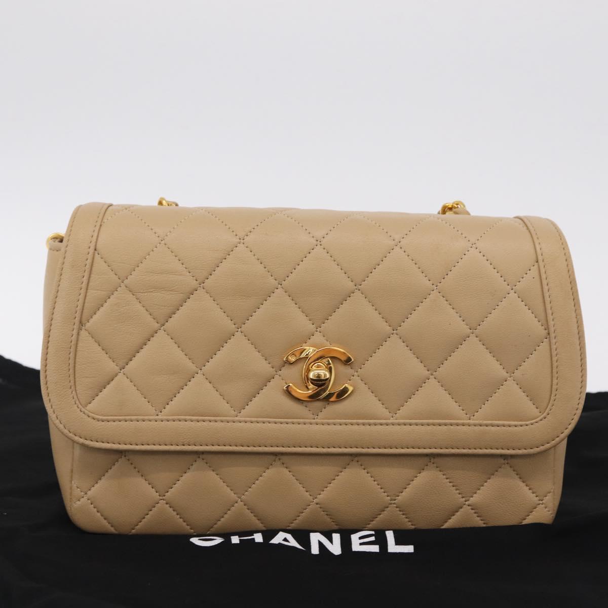 CHANEL Trasse Chain Shoulder Bag Lamb Skin Beige Gold CC Auth fm5479SAV