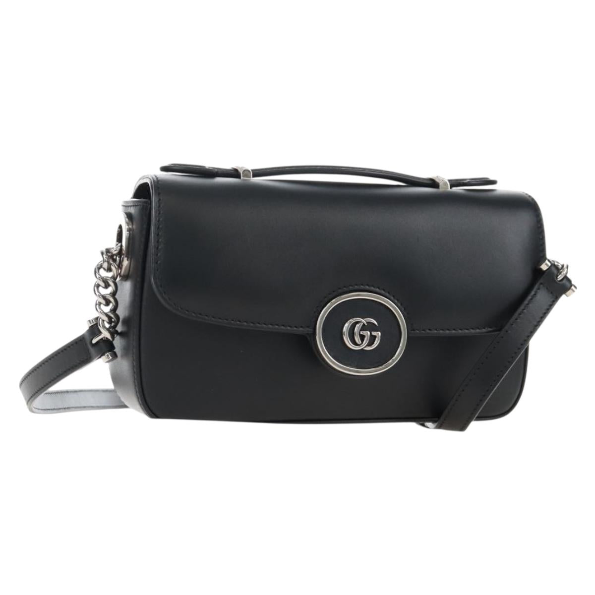 GUCCI Petit GG Shoulder Bag Leather 2way Black Silver 739722 Auth fm5487SM