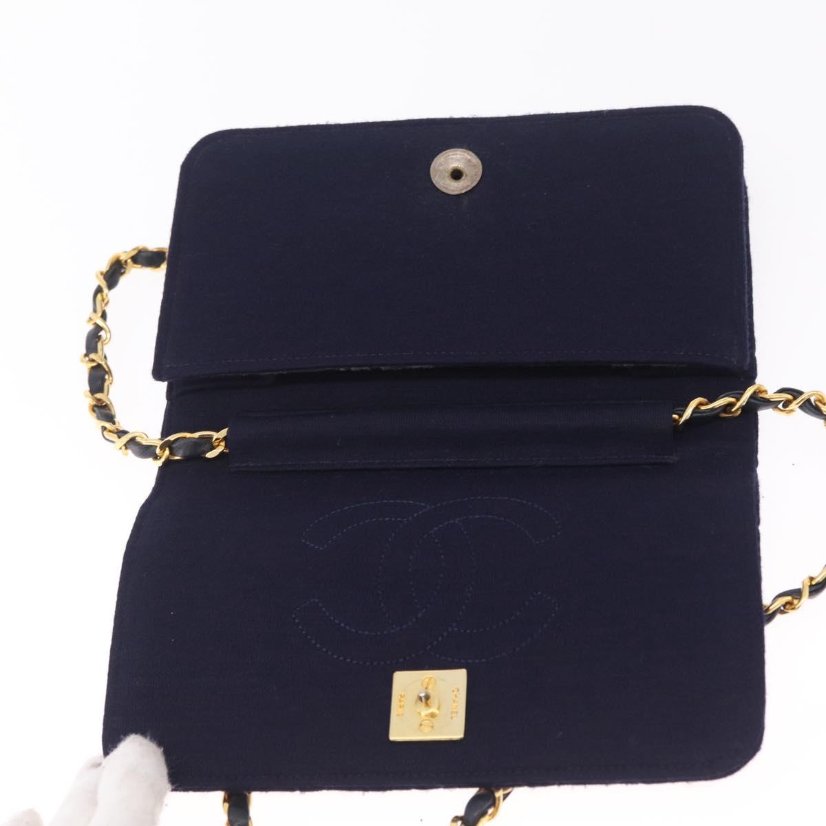 CHANEL Matelasse Chain Shoulder Bag Cotton Navy Gold CC Auth fm5491