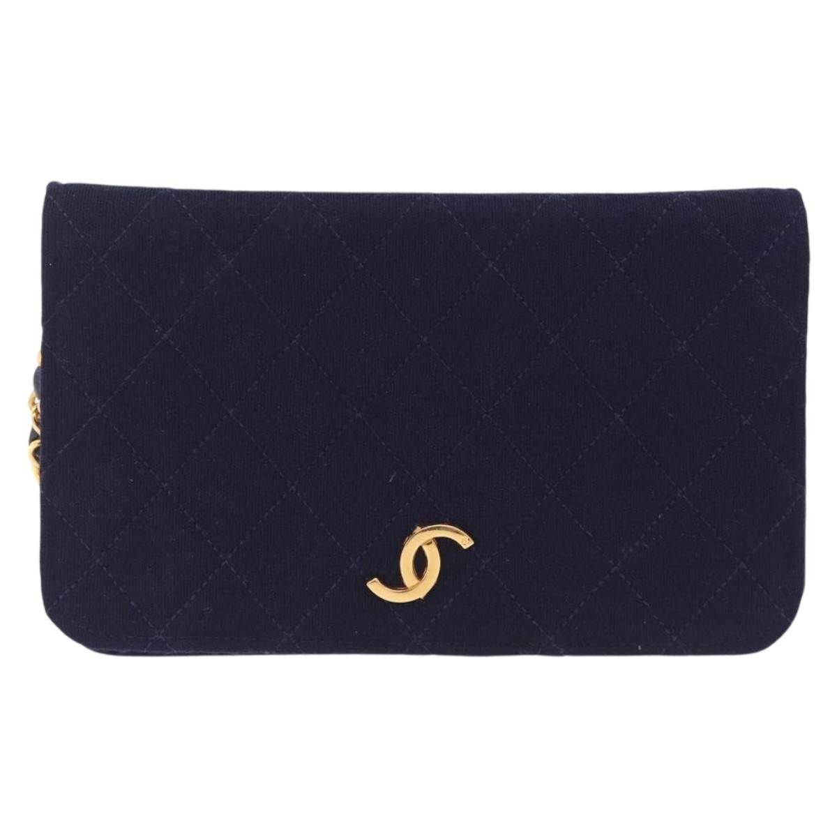 CHANEL Matelasse Chain Shoulder Bag Cotton Navy Gold CC Auth fm5491