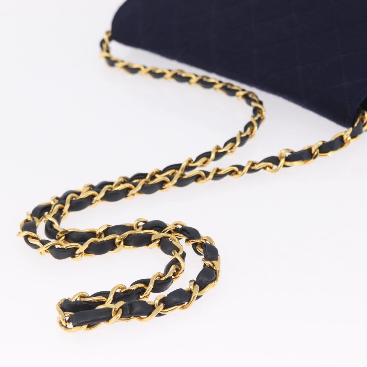 CHANEL Matelasse Chain Shoulder Bag Cotton Navy Gold CC Auth fm5491