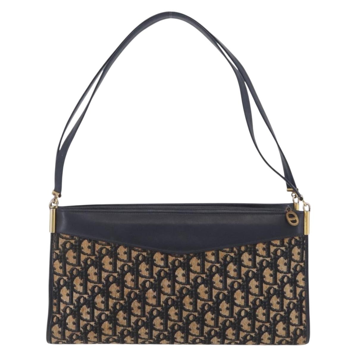 Christian Dior Trotter Canvas Shoulder Bag Navy Gold Auth fm5501